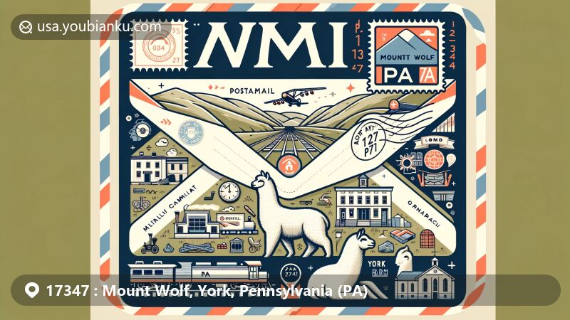Modern illustration of Mount Wolf, PA 17347, highlighting airmail envelope with ZIP code, incorporating map outline and symbols of local history and culture like railroad and Alpacas of York farm.