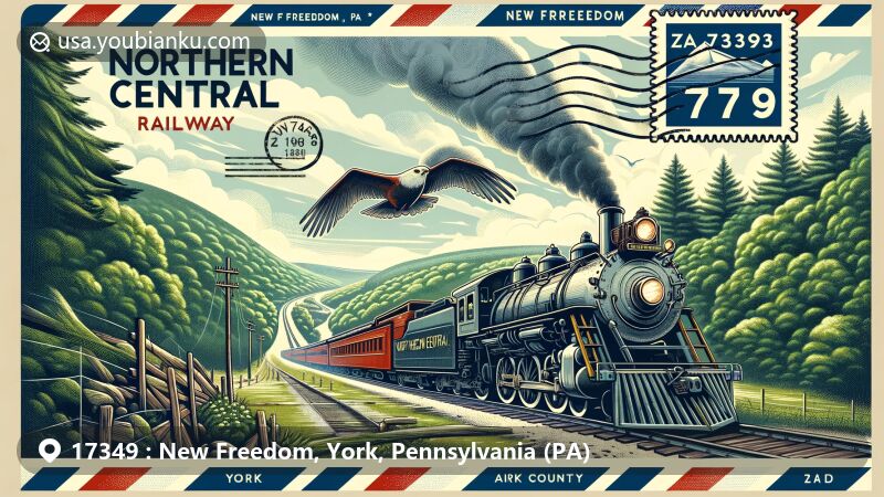 Modern illustration of New Freedom, Pennsylvania, showcasing Northern Central Railway as a central theme, featuring vintage steam locomotive, lush landscapes, airmail envelope frame, ZIP code 17349, and Pennsylvania state flag.