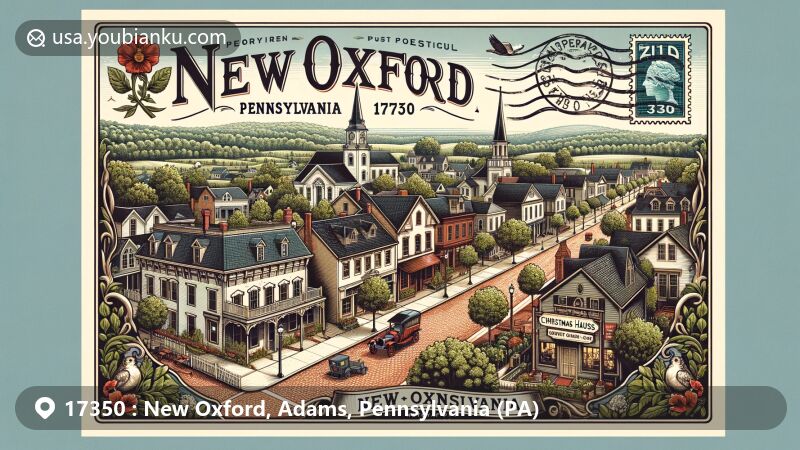 Modern illustration of New Oxford, Pennsylvania, featuring vintage postal theme with ZIP code 17350, showcasing charm, historical buildings, and beautiful landscapes.
