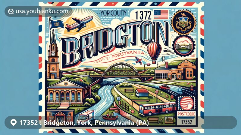 Modern illustration of Bridgeton, York County, Pennsylvania, highlighting York County History Center and scenic parks, incorporating airmail envelope design with postal elements and Pennsylvania state symbols.