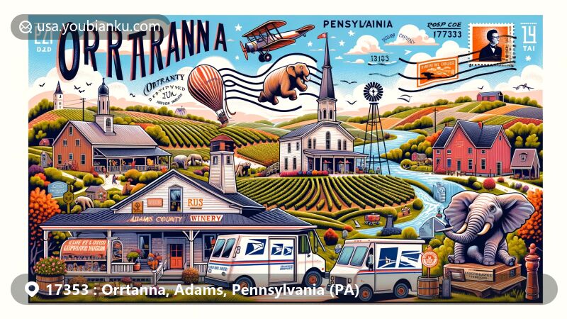 Modern illustration of Orrtanna, Pennsylvania, with postal theme showcasing Adams County Winery and Mister Ed's Elephant Museum, highlighting ZIP code 17353 and Pennsylvania's cultural symbols.