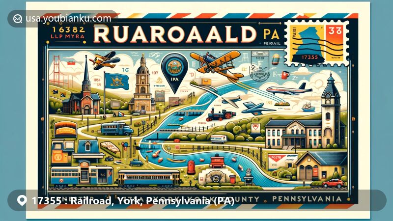 Modern illustration of Railroad, York County, Pennsylvania, featuring postal theme with ZIP code 17355, incorporating Pennsylvania state flag and York County outline.