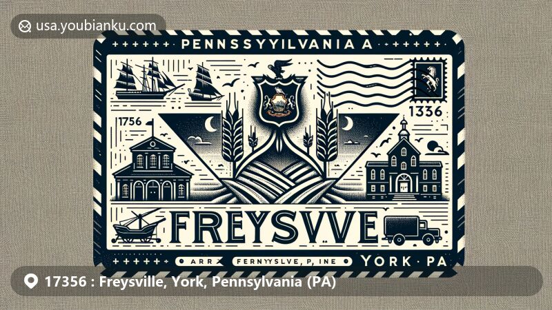 Modern illustration of Freysville, York County, Pennsylvania, inspired by air mail envelope design with Pennsylvania state symbols and iconic elements of Freysville. Celebrating local charm and postal service theme.