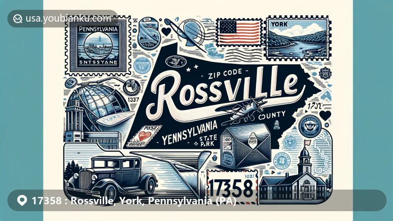 Modern illustration of Rossville, York County, Pennsylvania, with postal theme featuring vintage air mail envelope, state flag and county silhouette, highlighting Gifford Pinchot State Park.