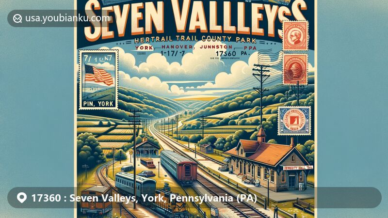 Modern illustration of Seven Valleys, York, Pennsylvania, blending postal themes with ZIP code 17360, featuring Heritage Rail Trail County Park, Hanover Junction Train Station, and vintage post office.