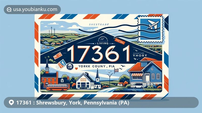 Modern illustration of Shrewsbury, York County, Pennsylvania, inspired by postal theme for ZIP code 17361, featuring iconic landmarks, community spirit, and rural tranquility.