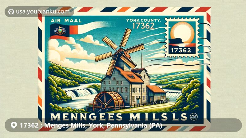 Modern illustration of Menges Mills, York County, Pennsylvania, showcasing postal theme with ZIP code 17362, featuring a historical mill and Pennsylvania state flag.