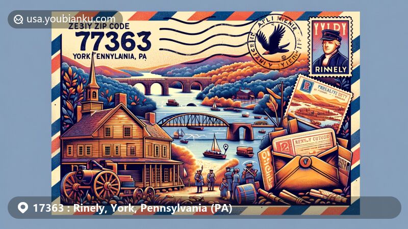Modern illustration of Rinely area, York County, Pennsylvania, featuring Colonial Complex, Burning of the Bridge Diorama, and Susquehanna River, with vintage postal themes and symbols.