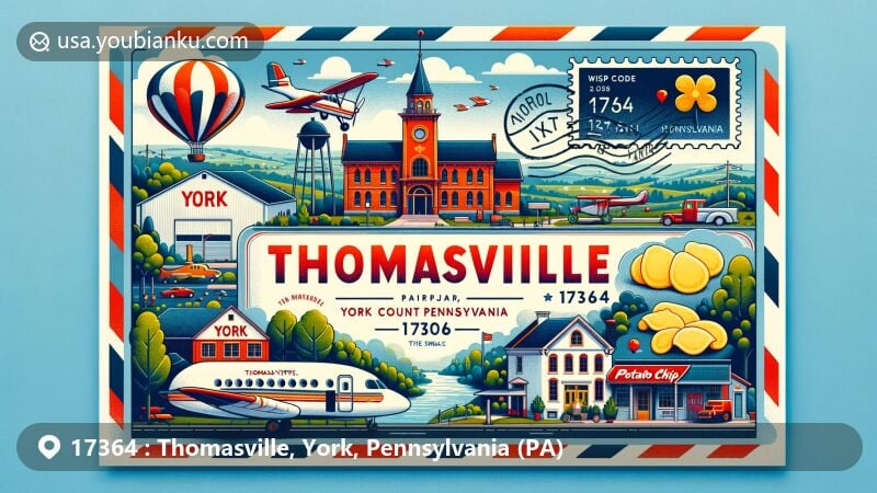 Modern illustration of Thomasville, York County, Pennsylvania, capturing the essence of local York Airport, Martin's Potato Chips factory, and the tranquil community vibe, set against the backdrop of mild winters and occasional snow. Features a postcard theme with a stamp, postmark, and prominent display of ZIP code 17364.