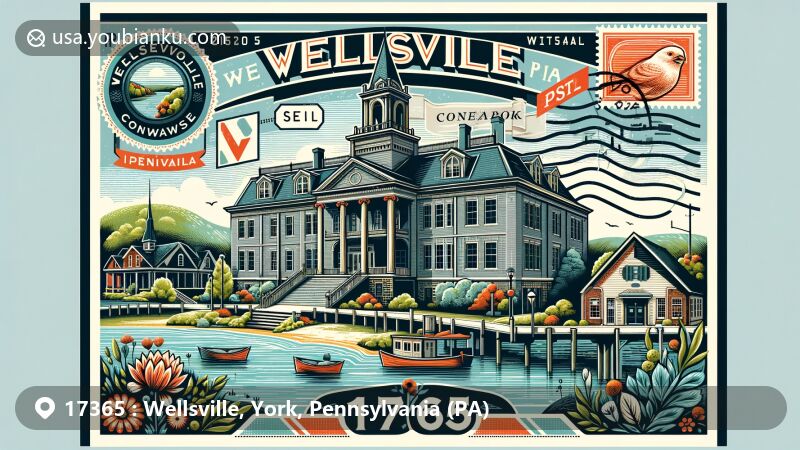 Modern illustration of Wellsville, Pennsylvania, depicting ZIP code 17365, showcasing Greek Revival architecture and Pinchot Park Conewago Day Use Area.
