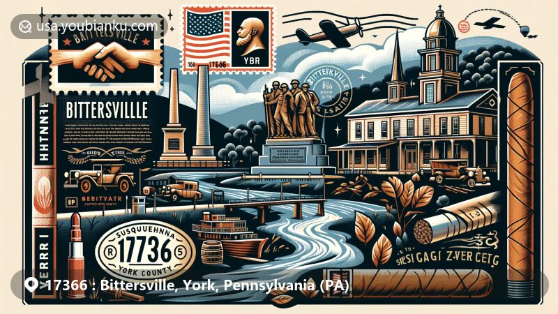 Modern illustration of Bittersville, York County, Pennsylvania, highlighting postal theme with ZIP code 17366, featuring war memorial, Susquehanna River, and Smeltzer's Cigar Factory, along with postal elements like vintage airmail envelope, river stamp, 17366 postmark, and cigar illustration.