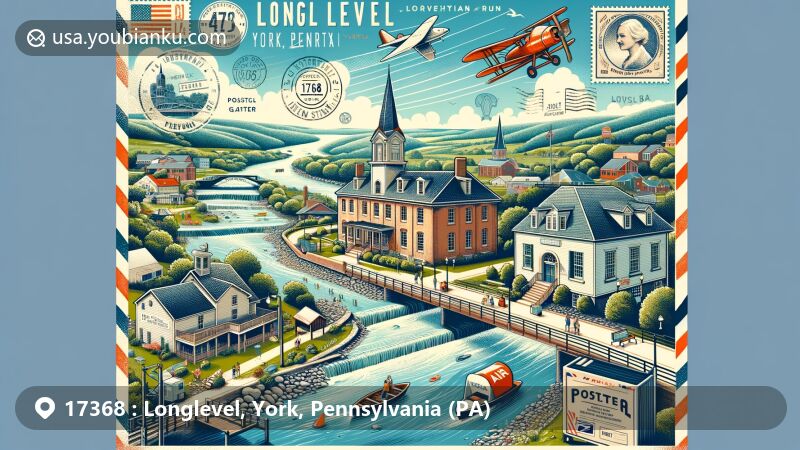 Modern illustration of Longlevel, York, Pennsylvania, highlighting postal theme with Zimmerman Center for Heritage, Klines Run Park, and Lauxmont Farms, overlaid with vintage air mail envelope and postal elements.