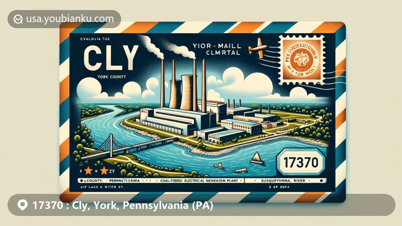 Modern illustration of Cly, York County, Pennsylvania, depicting ZIP code 17370 and Brunner Island power plant on the Susquehanna River, merging industrial and natural elements.