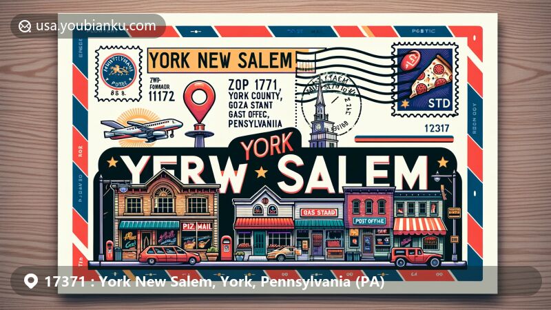 Modern illustration of York New Salem, York County, Pennsylvania, depicting a creative postcard design with ZIP code 17371, showcasing small-town charm with streets, pizza shops, a gas station, a bar, and a post office, featuring Pennsylvania state symbols.