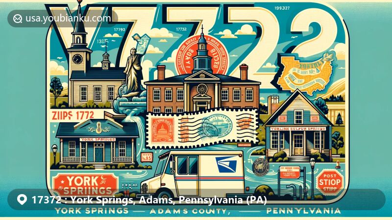 Modern illustration of York Springs, Adams County, Pennsylvania, showcasing postal theme with ZIP code 17372, inspired by the area's historical background as a summer resort visited by George Washington.