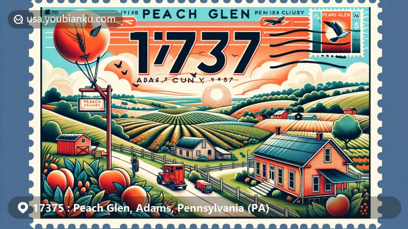 Modern illustration of Peach Glen, Adams County, Pennsylvania, showcasing postal theme with ZIP code 17375, featuring rural landscapes, agricultural scenes, and postal elements like vintage postcards and mail delivery vehicles.