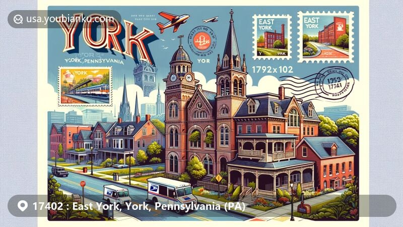 Modern illustration of East York, York, Pennsylvania, featuring postal elements, showcasing historic architecture, including Christ Lutheran Church and the Pullman Factory Building, and modern aspects like tree-lined streets and industrial history.