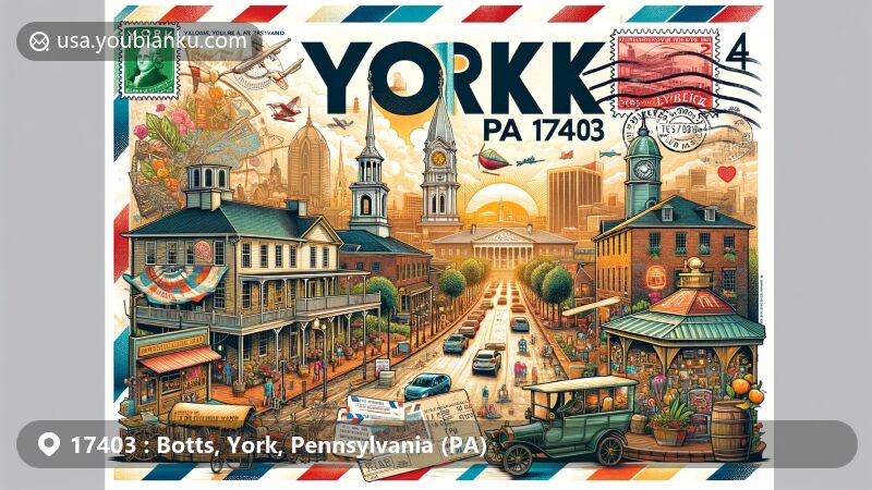 Vibrant illustration of York, Pennsylvania's ZIP code 17403 area, showcasing rich arts and cultural scene with local galleries, historical buildings, and community arts spaces.