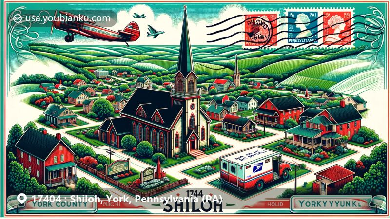 Illustration of Shiloh, York County, Pennsylvania, portraying lush landscapes, residential areas, Shiloh Lutheran Church, and God's Missionary Church, with vintage postal theme elements like postcard, postal stamps, postmark '17404 Shiloh, PA,' and red mailbox or postal van.