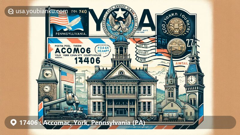 Modern illustration of Accomac, York, Pennsylvania, showcasing postal theme with ZIP code 17406, featuring Old York County Courthouse, Pennsylvania state flag, and Golden Plough Tavern stamp.
