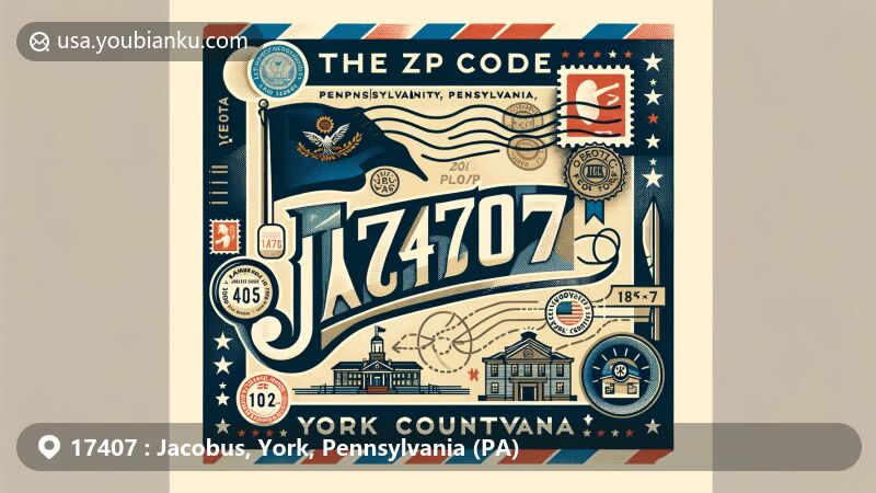 Modern illustration of Jacobus, York County, Pennsylvania, with ZIP code 17407, featuring Pennsylvania state flag, York County outline, and historical elements, paying homage to the borough's postal-themed history.