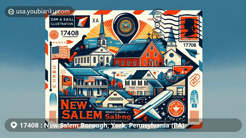 Modern illustration of New Salem Borough, York County, Pennsylvania, with PA state flag, York County silhouette, and local landmarks, framed in air mail envelope with ZIP code 17408 and postage stamp.