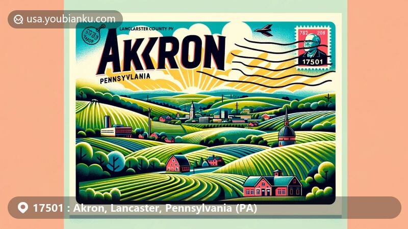 Modern illustration of Akron, Lancaster County, Pennsylvania, capturing the essence of countryside living with green farmland and rolling hills typical of Lancaster County, featuring small-town vibe and postal elements like a postage stamp with ZIP code 17501.