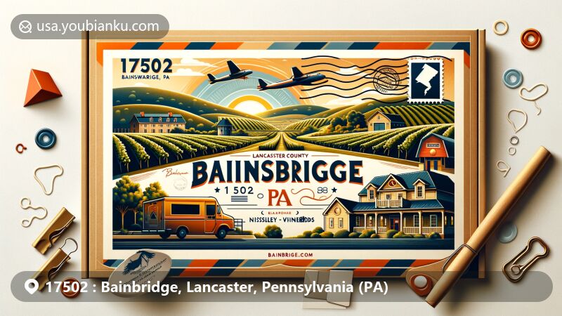 Modern illustration of Bainbridge, Lancaster, Pennsylvania, highlighting Nissley Vineyards and Winery Estate, postal elements, and sunset backdrop.