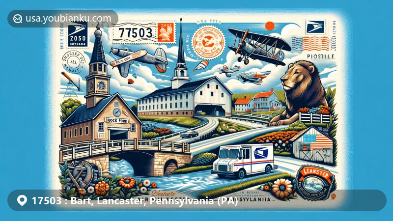 Modern illustration of Bart, Lancaster County, Pennsylvania, with ZIP code 17503, showcasing regional and postal fusion with Rock Ford estate, Amish farms, covered bridges, and Pennsylvania Dutch culture.