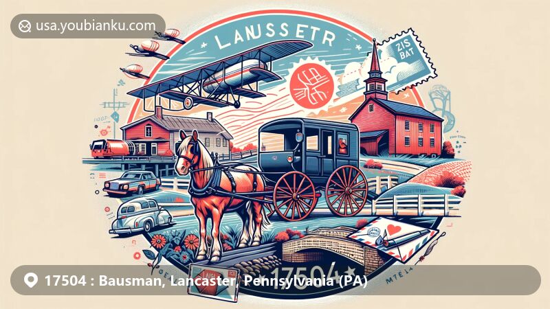 Modern illustration of Bausman, Lancaster County, Pennsylvania, featuring iconic Amish culture with a horse-drawn buggy, Amish farm, and covered bridges, along with postal theme including airmail elements and ZIP code 17504.