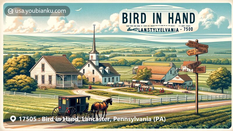 Captivating wide-format illustration of Bird in Hand, Lancaster County, Pennsylvania, blending Amish culture with rural beauty, featuring Amish buggy, charming inn, and vibrant farmers market, set against lush green landscape with rolling hills, and vintage postal theme elements like ZIP code 17505 and iconic Bird in Hand sign.