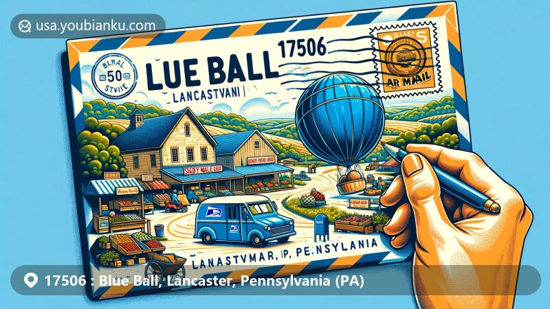 Modern illustration of Blue Ball, Lancaster, Pennsylvania, featuring postal theme with ZIP code 17506, showcasing rural landscape, Shady Maple Farm Market, and symbolic Pennsylvania stamp on air mail envelope.