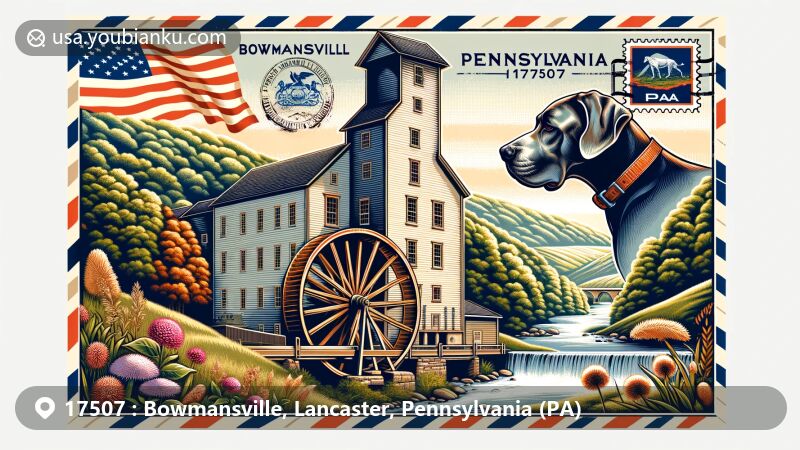 Modern illustration of Bowmansville Roller Mill in Bowmansville, Lancaster County, Pennsylvania, featuring Pennsylvania's cultural and natural symbols with state motto 'Virtue, Liberty and Independence.', including Eastern Hemlock, Mountain Laurel, and Great Dane, along with airmail envelope and postal theme.
