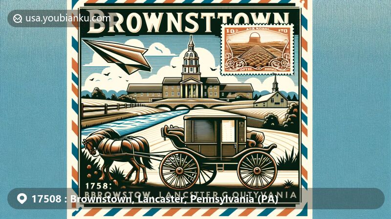 Modern illustration of Brownstown, Lancaster County, Pennsylvania, featuring ZIP code 17508, with a vintage-inspired postage stamp showcasing the Conestoga River and integrating elements of Amish culture and Lancaster County landmarks.