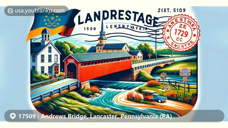Modern illustration of Andrews Bridge area, Lancaster County, Pennsylvania, featuring historic and natural beauty of a 19th-century rural village with Herr's Mill Covered Bridge as a symbol of Lancaster's covered bridges.
