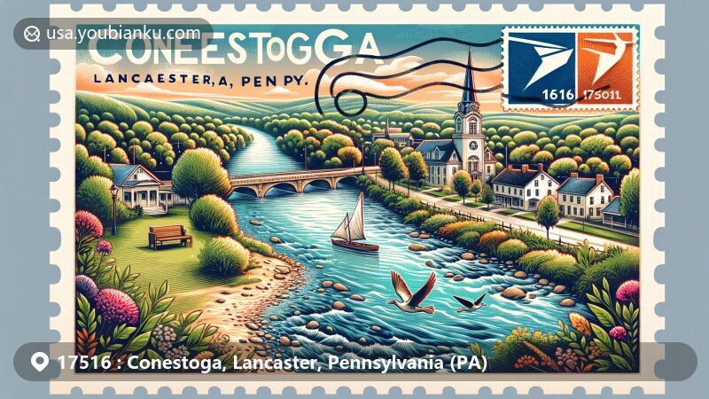 Modern illustration of Conestoga, Lancaster County, Pennsylvania, embodying the Conestoga River, historical significance, and lush landscapes, featuring postcard shapes, postal stamps, and ZIP code 17516.