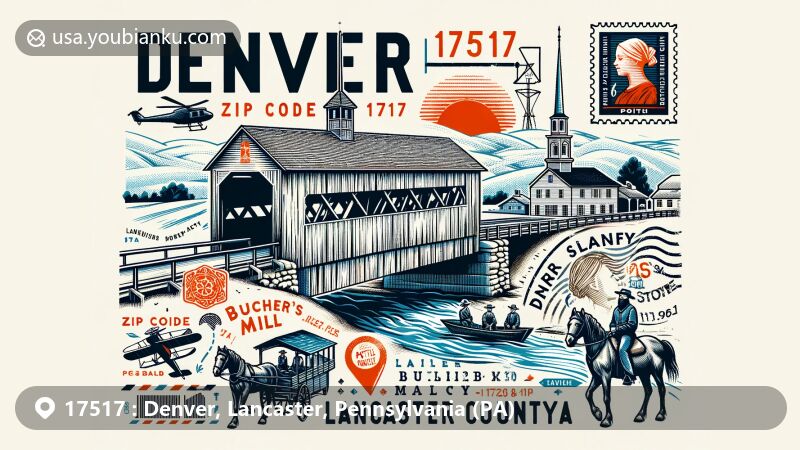 Modern illustration of Denver area in Lancaster County, Pennsylvania, showcasing Bucher's Mill Covered Bridge and Amish community elements, integrated with postal theme including vintage stamp featuring the bridge, and prominent 'ZIP Code 17517' postal mark. Background features Lancaster County silhouette with Denver location highlighted. Captures essence of Denver and Lancaster County's rich cultural and historical heritage.