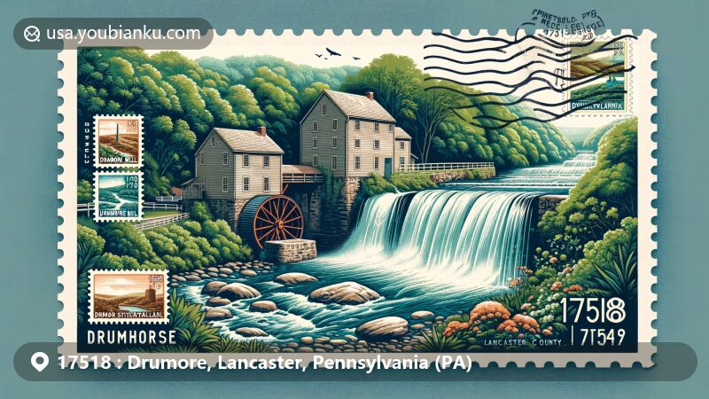 Modern illustration of Drumore Mill and Peach Bottom Slate waterfall in ZIP Code 17518, Drumore, Lancaster County, Pennsylvania, featuring stamps, postmarks, and lush greenery, capturing area's natural beauty and historical significance.