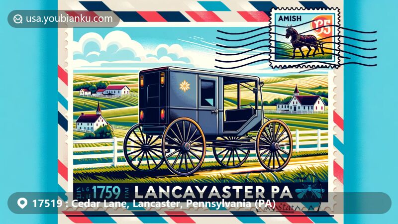 Modern illustration of Cedar Lane, Lancaster, Pennsylvania, depicting Amish culture and scenic farmlands, framed in an airmail envelope with a postage stamp featuring an Amish buggy design and postmark showing ZIP code 17519.