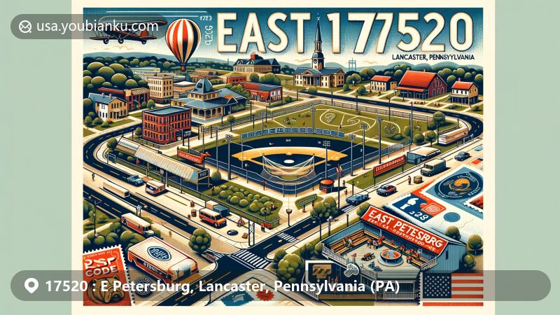 Modern illustration of East Petersburg, Lancaster, Pennsylvania, featuring park system, community pool, Roots Market, and postal theme with ZIP code 17520.