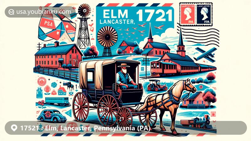 Vibrant illustration of Elm, Lancaster, Pennsylvania (PA), featuring zipcode 17521, showcasing iconic landmarks like Amish buggies, Strasburg Rail Road, and Landis Valley Village & Farm Museum in vintage air mail envelope concept.