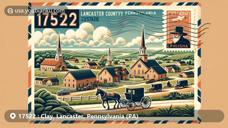 Modern illustration of Clay, Lancaster County, Pennsylvania, depicting zipcode 17522 with vintage air mail envelope, showcasing Amish buggies, farms, and Ephrata Cloister.