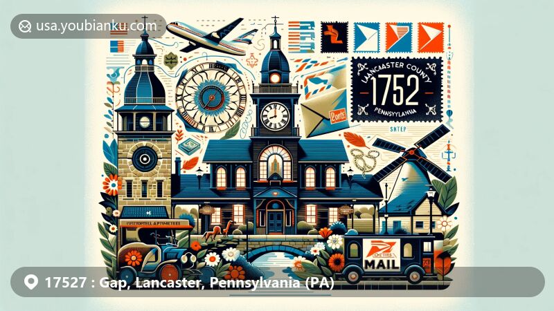 Modern illustration of the Gap, Pennsylvania area, featuring ZIP code 17527, highlighting Gap Town Clock, Amish cultural heritage, and postal motifs in a creative blend.