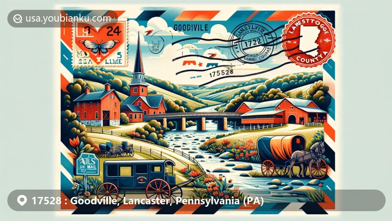 Modern illustration of Goodville, Lancaster County, Pennsylvania, featuring rolling hills, Conestoga River, Amish carriages, and covered bridges, with a vibrant postal theme and ZIP code 17528.