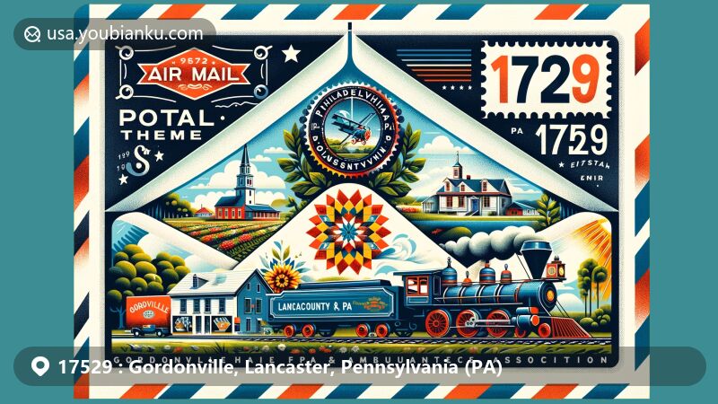 Modern illustration of Gordonville, Lancaster County, Pennsylvania, featuring vintage air mail envelope with ZIP code 17529, showcasing historical essence with postal elements, steam locomotive, Pennsylvania Dutch-style quilt, and Gordonville community events.
