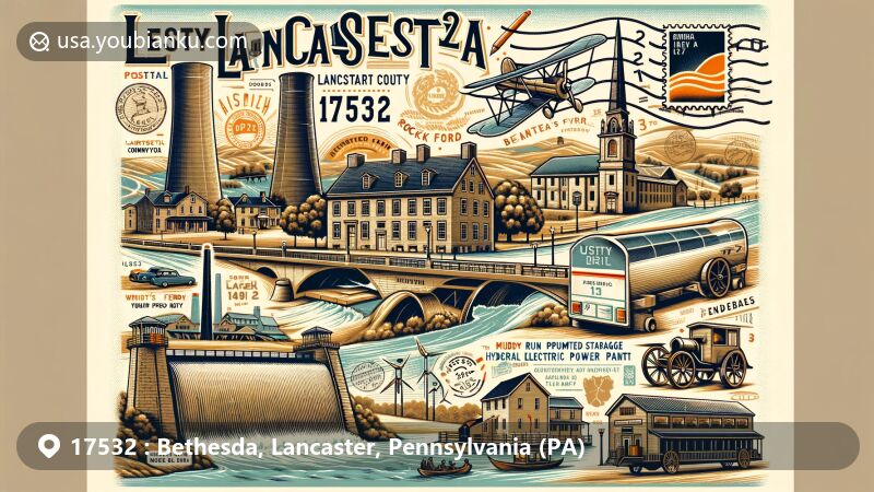 Modern illustration of Bethesda area, Lancaster County, Pennsylvania, with ZIP code 17532, featuring historical landmarks like Rock Ford Estate, Wright’s Ferry Mansion, and Cornwall Iron Furnace, as well as elements representing Amish lifestyle and Muddy Run Pumped Storage Hydroelectric Power Plant.