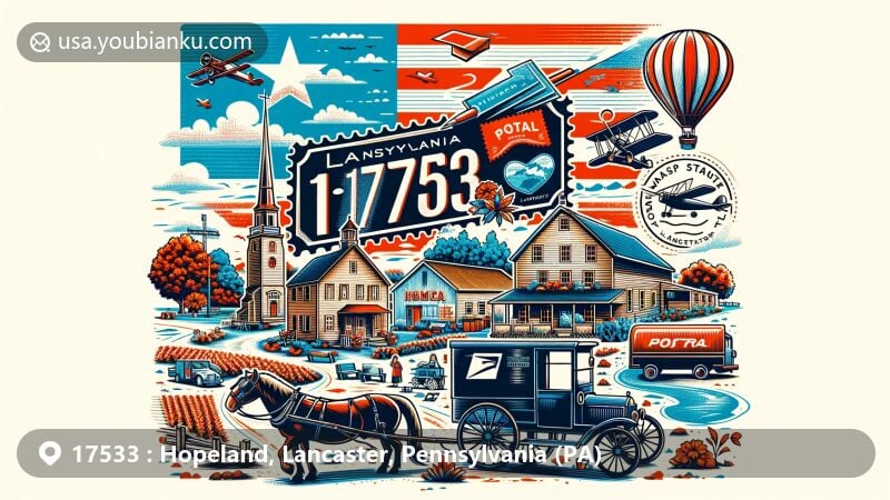Modern illustration of Hopeland, Lancaster County, Pennsylvania, highlighting ZIP code 17533 with Pennsylvania state flag, Lancaster County outline, and Amish culture elements like horse-drawn buggy and traditional farm. Includes postal features such as airmail envelope, postage stamp, and vintage postal truck.