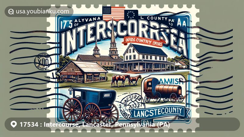 Modern illustration showcasing Intercourse, PA, ZIP code 17534, featuring Amish farms, The Old Country Store, Stoltzfus Meats and Deli, Pennsylvania state flag, Lancaster County outline, Amish buggy stamp, postmark, and mail truck.
