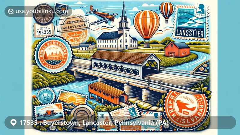 Contemporary illustration of Buyerstown, Lancaster, Pennsylvania, blending Amish culture, covered bridges, Wright's Ferry Mansion, and postal motifs with ZIP code 17535, ideal for showcasing the region's heritage and charm.