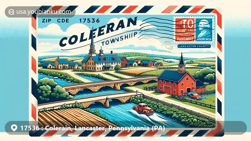 Illustration of Colerain Township, Lancaster County, Pennsylvania, highlighting 19th-century rural village Andrews Bridge, traditional farms, and airmail envelope with ZIP code 17536.
